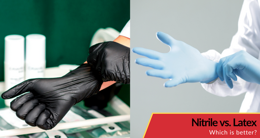 A side by side picture of Nitrile and Latex gloves