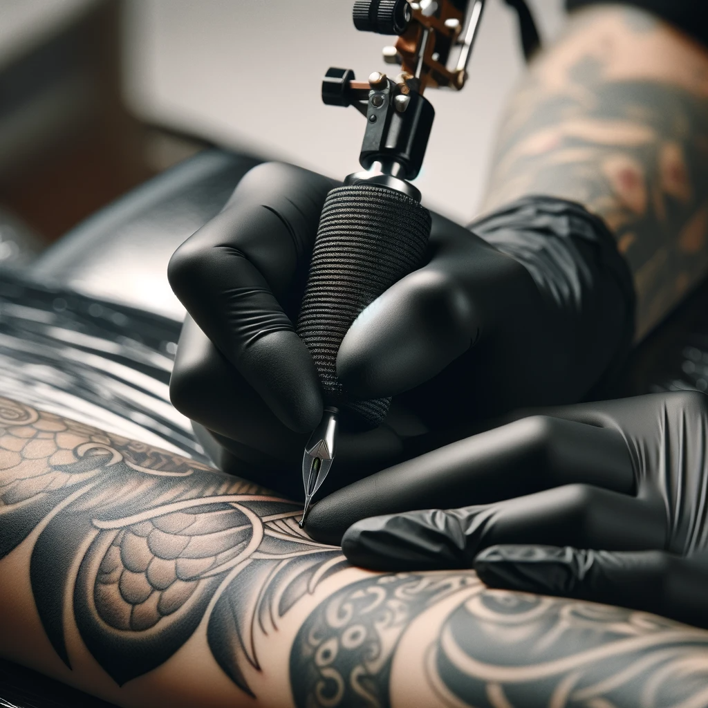 tattoo artist's hand drawing a tattoo wearing black nitrile gloves.