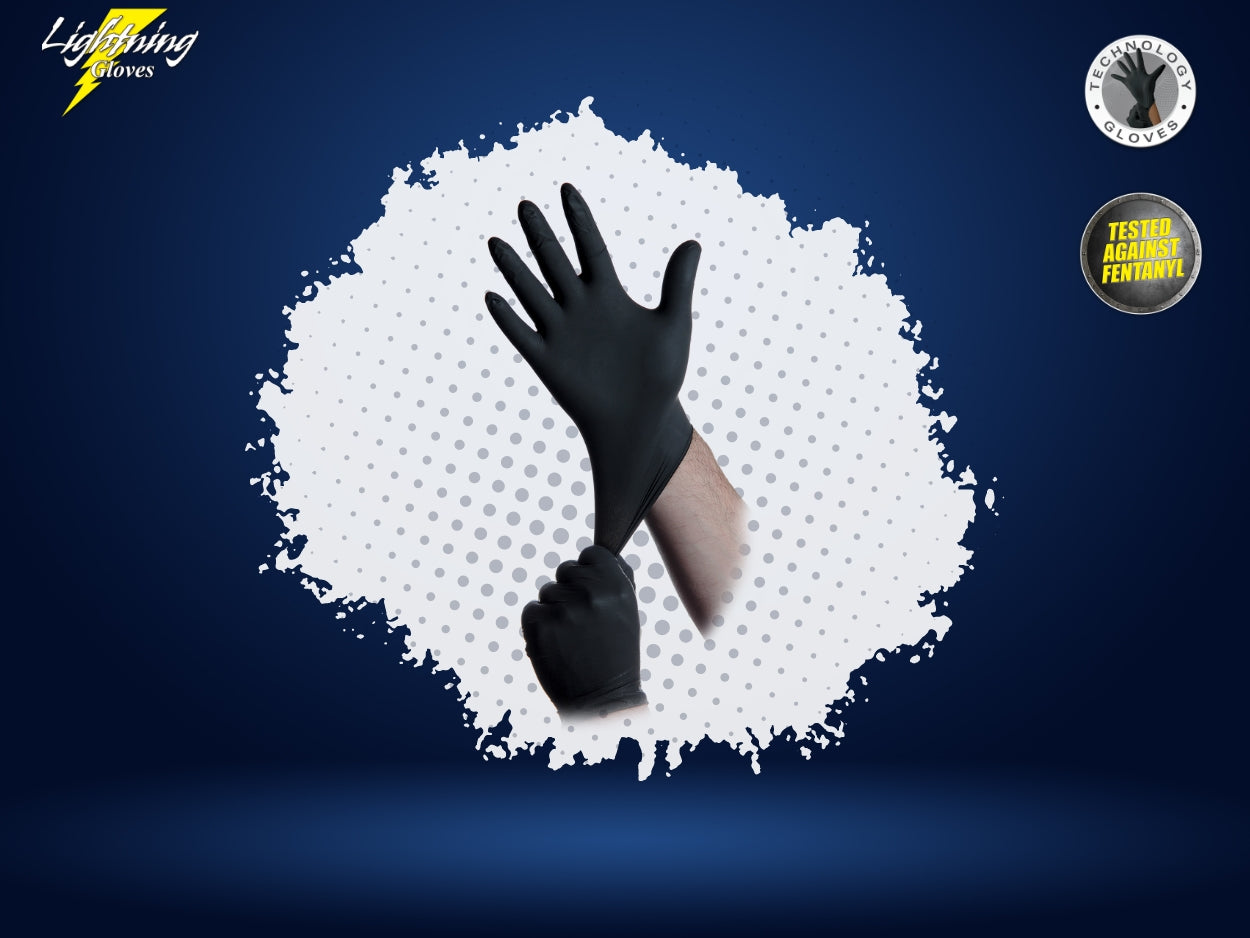 Black Nitrile Gloves banner - hands wearing black nitrile gloves
