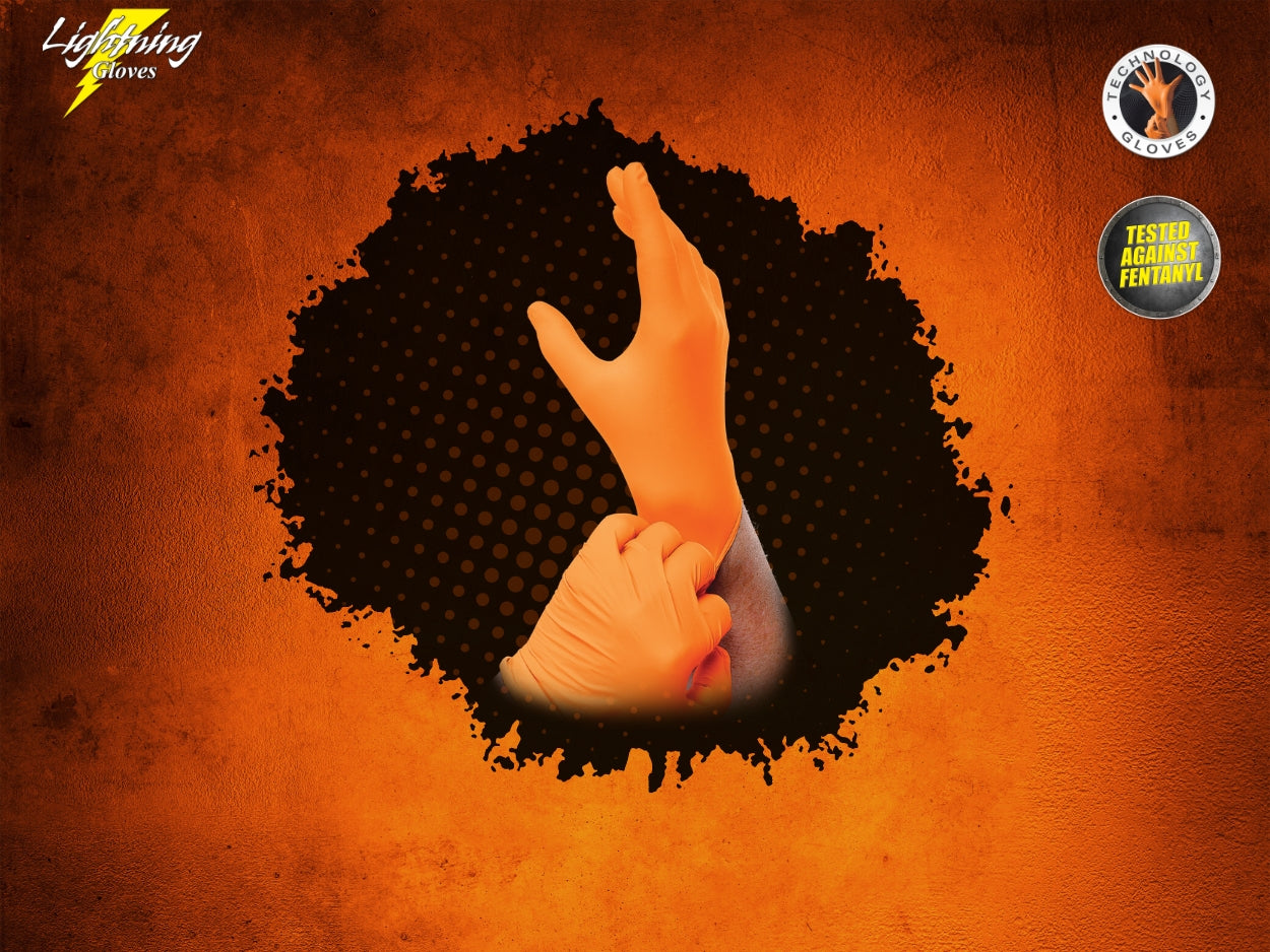 Orange Nitrile Gloves banner - hands wearing orange nitrile gloves