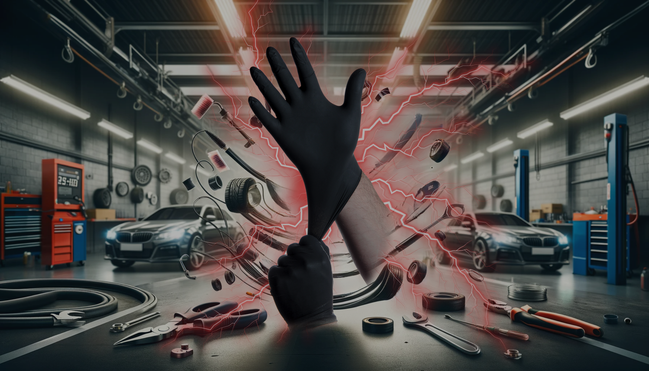 Black nitrile gloves placed on a work table in a auto shop
