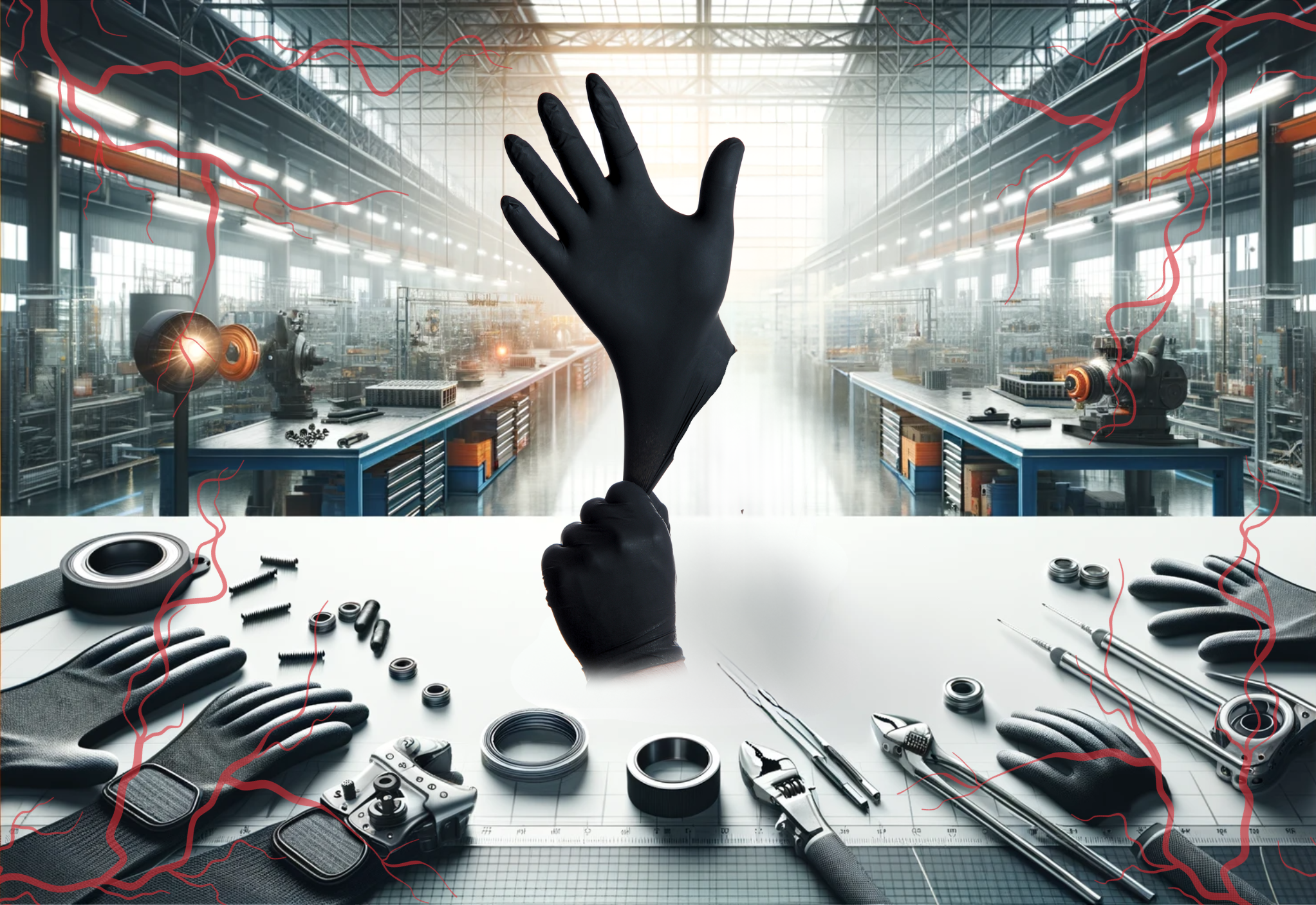 Black nitrile gloves placed on a work table in and industrial factory