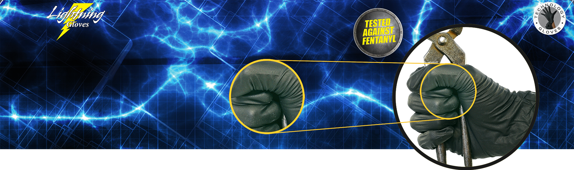 Close-up banner of black nitrile gloves showcasing stretch, strength, and texture for advanced wet/dry performance.