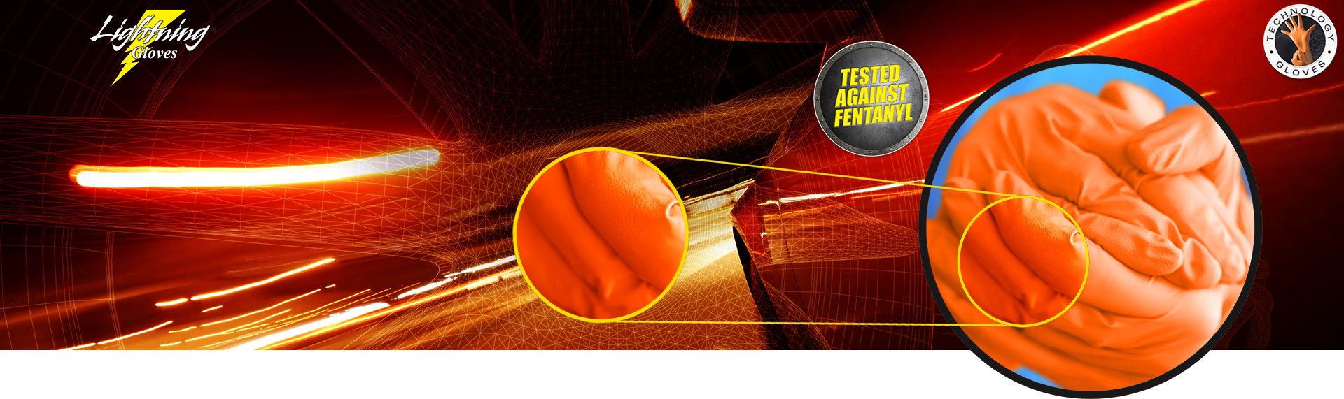 Close-up banner of orange nitrile gloves showcasing stretch, strength, and texture for advanced wet/dry performance.