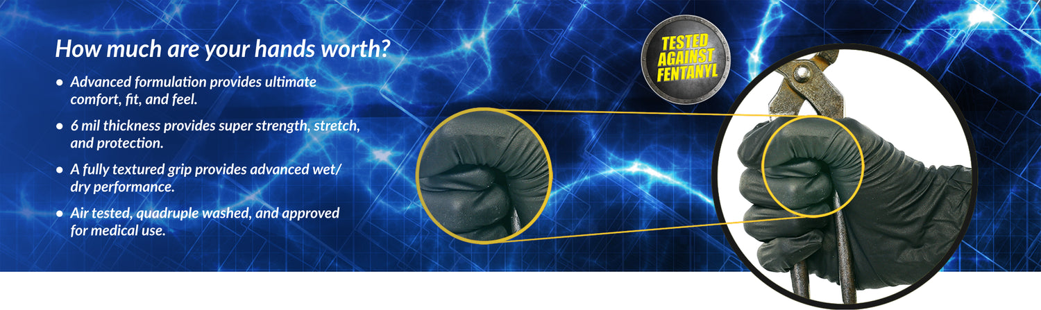 Close-up banner of black nitrile gloves showcasing stretch, strength, and texture for advanced wet/dry performance.