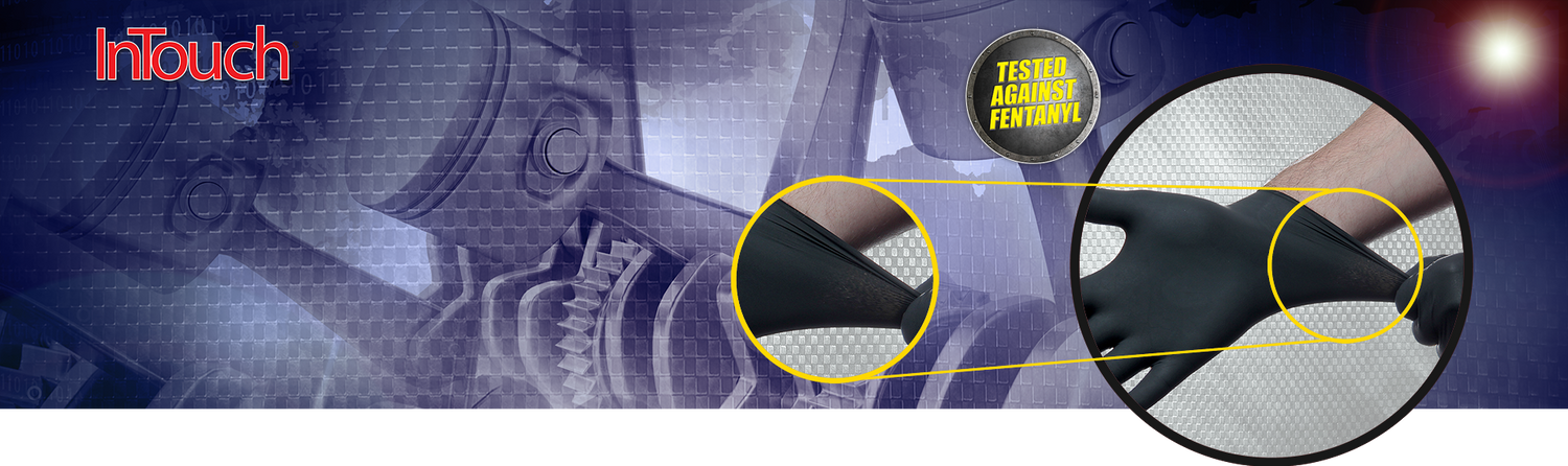 Close-up banner of black nitrile gloves showcasing stretch, strength, and texture for advanced wet/dry performance.